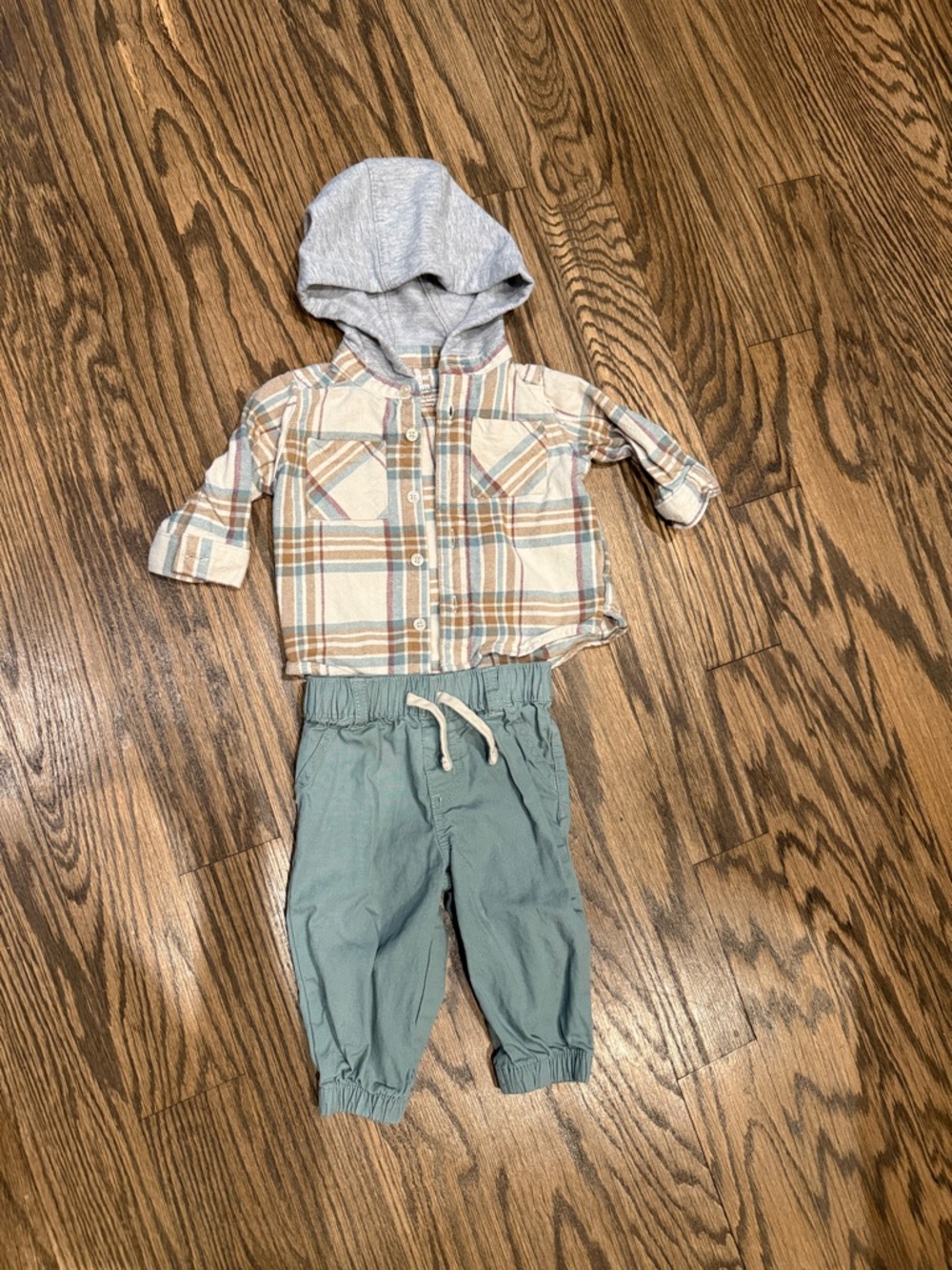 Carter's Plaid Hooded Button-Up Shirt with Sage Green Joggers